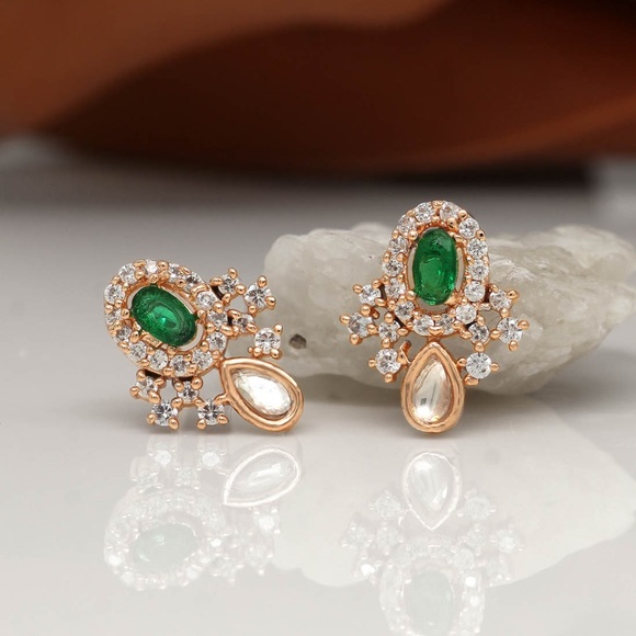 American Diamond Rose Gold Studs Red, Green, Blue - Picture 2 of 3